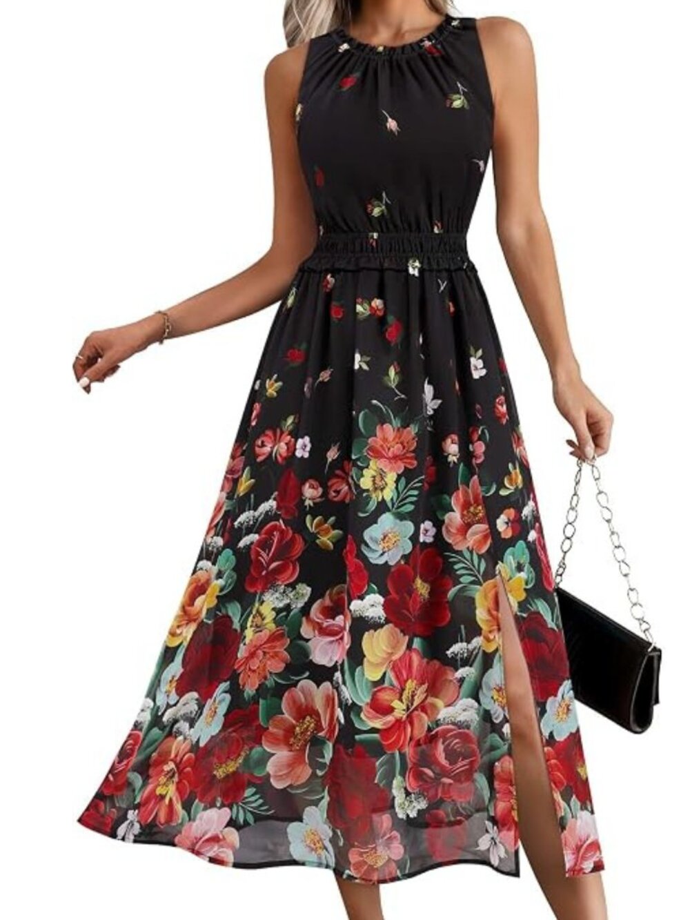 Black Floral Ruffle Crew Neck Tunic Dress * New with Tags *